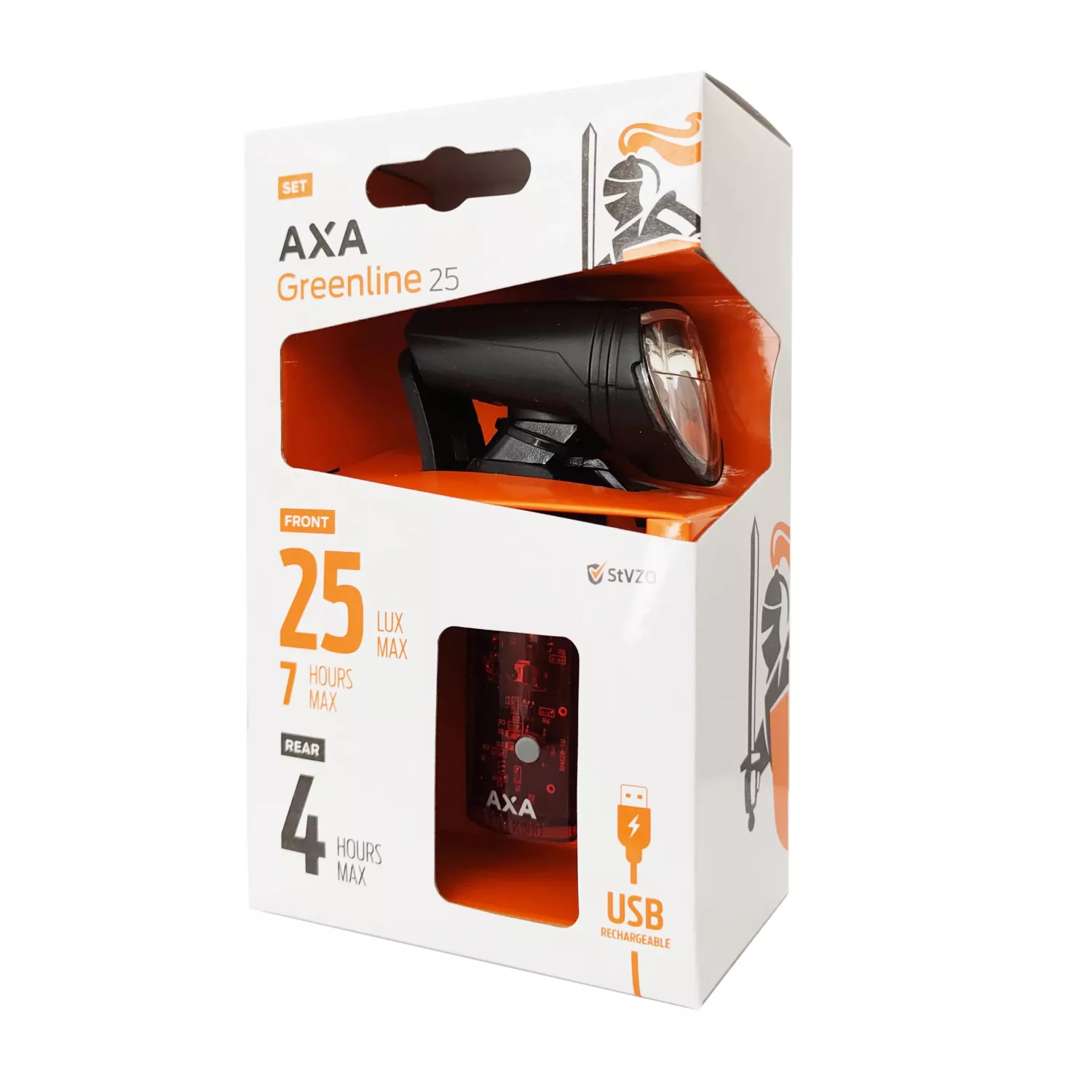 Set: AXA Greenline koplamp en achterlicht – USB – Zwart – 25 LUX – STRIDA