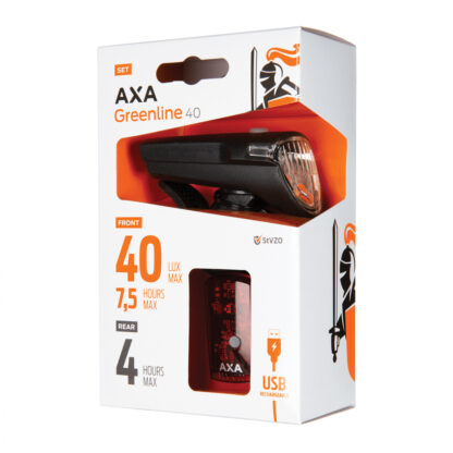 Set: AXA Greenline 40 Lux koplamp en achterlicht - USB - Zwart - AXA - fietslampjes - LED - led lamp - oplaadbaar - usb - veiligheid - verlichting - zichtbaarheid